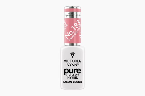 Victoria Vynn lakier hybrydowy pure creamy hybrid "Flamingo Coctail 183" 8 ml. Odcień ciepłego różu inspirowany flamingiem. Kremowy lakier hybrydowy o doskonałym kryciu i trwałości. Posiada właściwości samopoziomujące. Bezzapachowy.