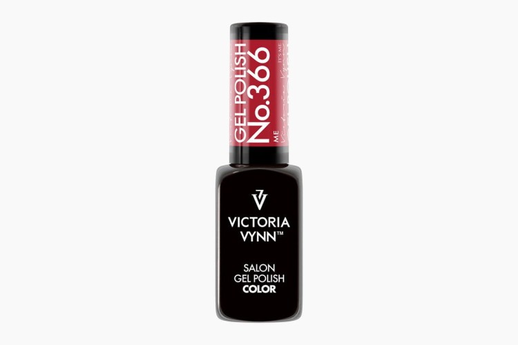 Victoria Vynn lakier hybrydowy gel polish "Me 366" 8 ml. Szklana, czarna buteleczka z ciemno bordową etykietą na zakrętce. Białe tło.