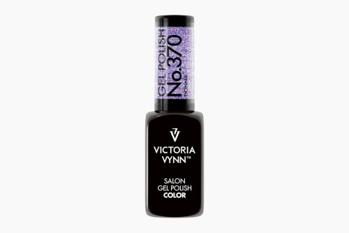 Victoria Vynn lakier hybrydowy gel polish "Donna 370" 8 ml. Czarna, szklana buteleczka z fioletowo, połyskującą etykietą na zakrętce. Białe tło.