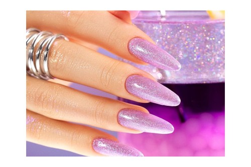 Stylizacja manicure na długich paznokciach lakieru hybrydowego gel polish "Donna 370" Victoria Vynn. W kolorze fioletowym z dodatkiem połyskujących drobinek.