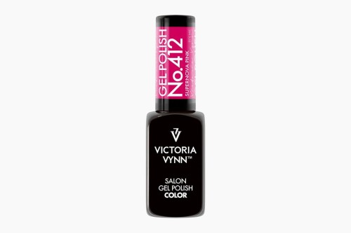 Victoria Vynn lakier hybrydowy gel polish "Supernova Pink 412" 8 ml. Szklana, czarna buteleczka z różową etykietą na zakrętce. Białe tło.