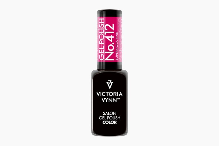 Victoria Vynn lakier hybrydowy gel polish "Supernova Pink 412" 8 ml. Szklana, czarna buteleczka z różową etykietą na zakrętce. Białe tło.