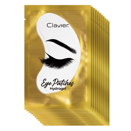Clavier płatki żelowe pod oczy eye patches hydrogel (100 sztuk). Złote opakowanie. Białe tło.
