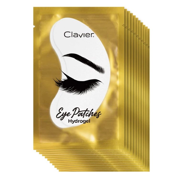 Clavier płatki żelowe pod oczy eye patches hydrogel (100 sztuk). Złote opakowanie. Białe tło.