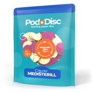 Clavier Medisterill nakładki ścierne, tarcze wymienne, pododisc do pedicure o gradacji 180, 20 mm. (50 sztuk). Niebieskie opakowanie. Białe tło.