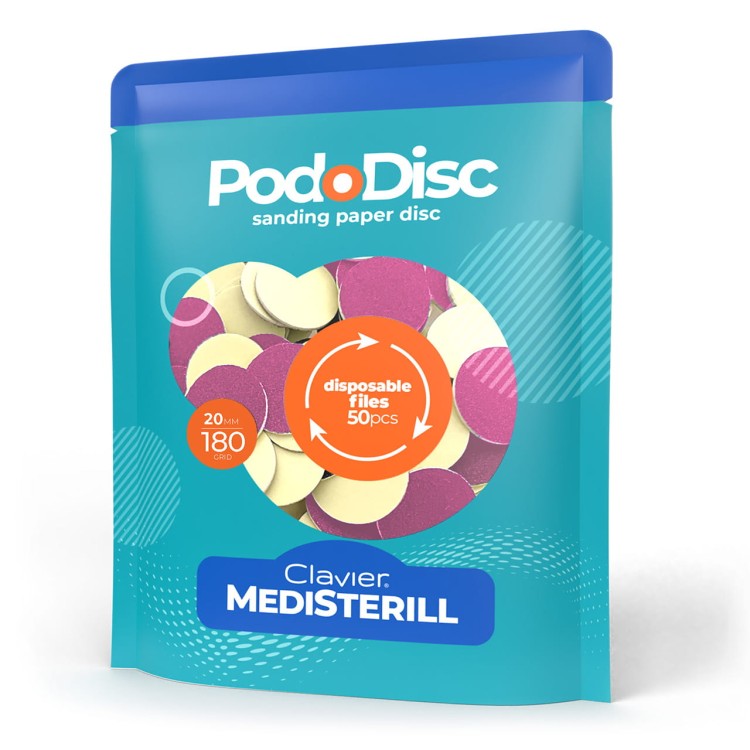 Clavier Medisterill nakładki ścierne, tarcze wymienne, pododisc do pedicure o gradacji 180, 20 mm. (50 sztuk). Niebieskie opakowanie. Białe tło.
