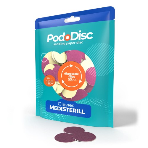 Clavier Medisterill nakładki ścierne, tarcze wymienne, pododisc do pedicure o gradacji 180, 20 mm. (50 sztuk). Niebieskie opakowanie. Nakładki ścierne na przeciwko opakowania. Białe tło.