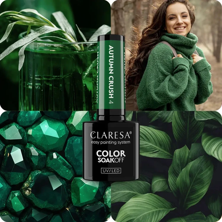 Claresa lakier hybrydowy "Autumn Crush 4" 5g. Czarna, szklana buteleczka lakieru hybrydowego z ciemno- zieloną etykietą na zakrętce. W tle porównanie koloru roślin, kamieni, ubrań.