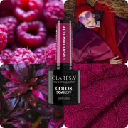 Claresa lakier hybrydowy "Autumn Crush 5" 5g. Czarna, szklana buteleczka lakieru hybrydowego z fioletową etykietą na zakrętce. W tle porównanie koloru do jedzenia, kwiatów.