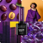 Claresa lakier hybrydowy "Autumn Crush 6" 5g. Czarna, szklana buteleczka lakieru hybrydowego z ciemno- fioletową etykietą na zakrętce. W tle porównanie koloru do jedzenia, miejsc na świecie, kwiatów.