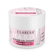 Claresa żel budujący hard&amp; easy builder gel uv/led "Panna Cotta" 45g. Biały słoiczek z jasno- różową etykietą. Białe tło.