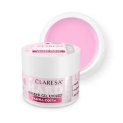 Claresa żel budujący hard &amp; easy builder gel uv/led "Panna Cotta" 45g. Biały słoiczek z jasno- różową etykietą. W tle swatch delikatnie różowego koloru żelu.