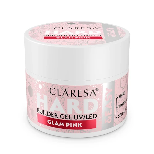 Claresa żel budujący hard &amp; easy gel uv/led "Glam Pink" 45 g. Biały słoiczek z różowo- brokatową etykietą. Białe tło.