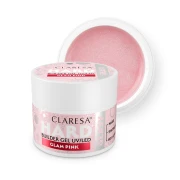Claresa żel budujący hard &amp; easy gel uv/led "Glam Pink" 45g. Biały słoiczek z różowo-brokatową etykietą, za nim swatch koloru delikatnego różu z dodatkiem drobinek. Białe tło.