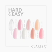 Claresa wzornik żeli z serii hard &amp; easy gel uv/led w odcieniach: "Clear", "Panna Cotta", "French Pink", "Milky White", "Glam Pink". "Natural", "Light Beige", "Milky Pink".