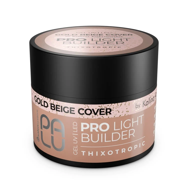 Palu żel budujący pro light builder gel "Gold Beige Cover" by Kalina Kalinowska 45 g. Czarny słoiczek z beżowo- brokatową etykietą. Thxicotropic. Białe tło.