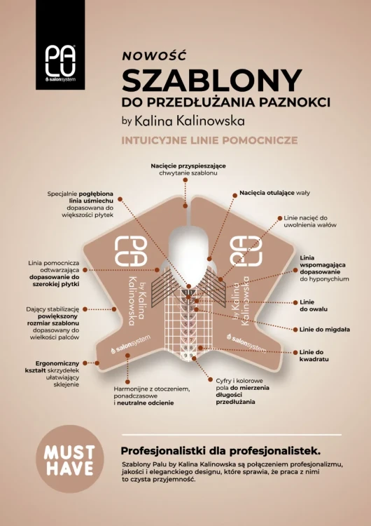 Palu szablony do przedłużania paznokci by Kalina Kalinowska (100 sztuk). Plakat z zaletami i cechami nowego produktu marki.