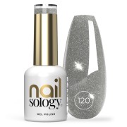 Clavier lakier hybrydowy z efektem Flash Nailsology "Silver Divine" 120 8 ml. Szklana buteleczka,w białym kolorze ze złotą nakrętką i elementami na etykiecie. Obok wzornik z pomalowanym kolorem lakieru z efektem flash. Białe tło.