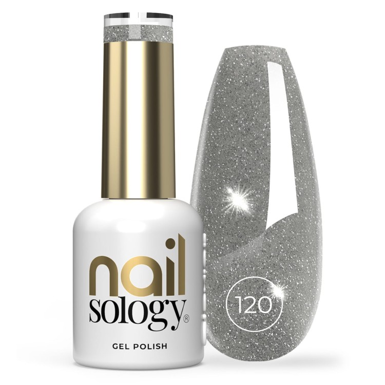 Clavier lakier hybrydowy z efektem Flash Nailsology "Silver Divine" 120 8 ml. Szklana buteleczka,w białym kolorze ze złotą nakrętką i elementami na etykiecie. Obok wzornik z pomalowanym kolorem lakieru z efektem flash. Białe tło.
