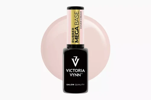 Victoria Vynn Rubber Mega Base baza hybrydowa do nadbudowy "Cover Cream" 8 ml. Szklana, czarna buteleczka z nakrętką w odcieniu cover cream. W tle swatch koloru.