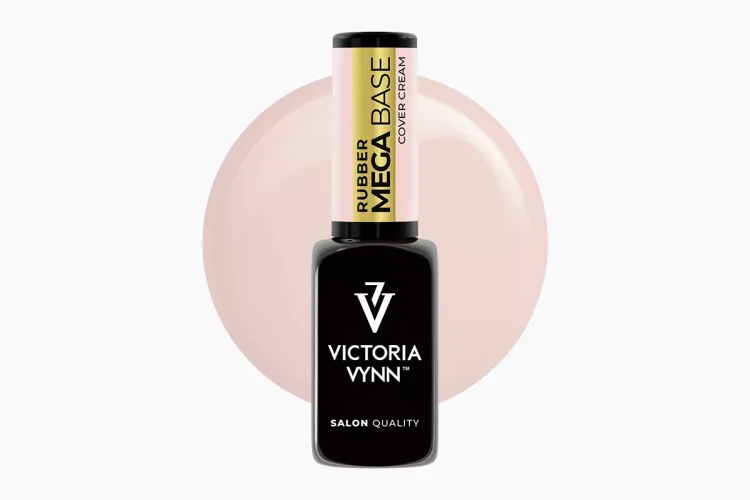 Victoria Vynn Rubber Mega Base baza hybrydowa do nadbudowy "Cover Cream" 8 ml. Szklana, czarna buteleczka z nakrętką w odcieniu cover cream. W tle swatch koloru.