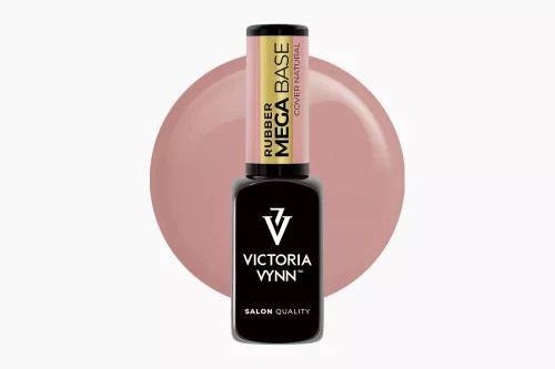 Victoria Vynn Rubber Mega Base "Cover Natural" baza hybrydowa do nadbudowy 8 ml. Szklana, czarna buteleczka z nakrętką w kolorze cover natural. W tle swatch koloru bazy.