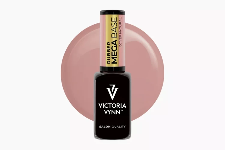 Victoria Vynn Rubber Mega Base "Cover Natural" baza hybrydowa do nadbudowy 8 ml. Szklana, czarna buteleczka z nakrętką w kolorze cover natural. W tle swatch koloru bazy.