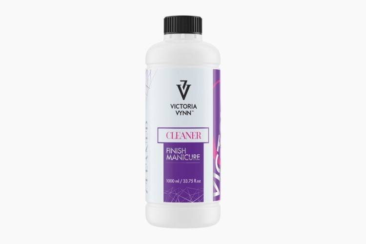 Victoria Vynn płyn do dyspersji cleaner finish manicure 1000ml. Plastikowa butelka z fioletową etykietą. Białe tło.