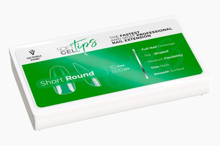 Victoria Vynn soft gel tips short round (krótki owal). Plastikowe opakowanie z zieloną etykietą. 500 sztuk, 10 rozmiarów.