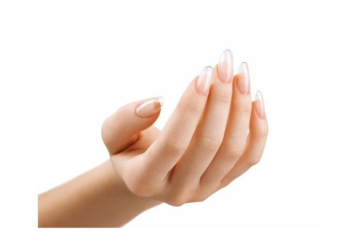 Dłoń z tipsami od Victoria Vynn soft gel tips short round (krótki owal). Bez lakieru hybrydowego.  Transparentne tipsy z bliska. Białe tło.