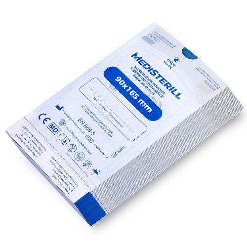 Medisterill samoprzylepne torebki do sterylizacji 90x165 mm.  Białe torebki z niebieskim akcentem. Białe tło.