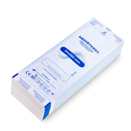Medisterill samoprzylepne torebki do sterylizacji 90x260 mm. Białe torebki z niebieskim akcentem. Białe tło.