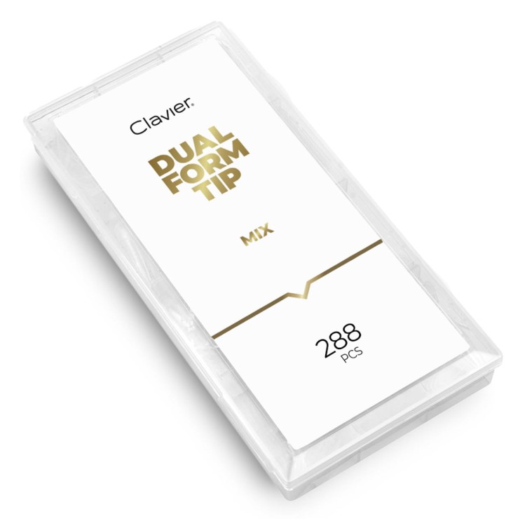 Clavier dual form tip mix. Formy do przedłużania paznokci. 288 sztuk. Różne kształty.  Plastikowe pudełko z białą etykietą i złotymi napisami. Białe tło.