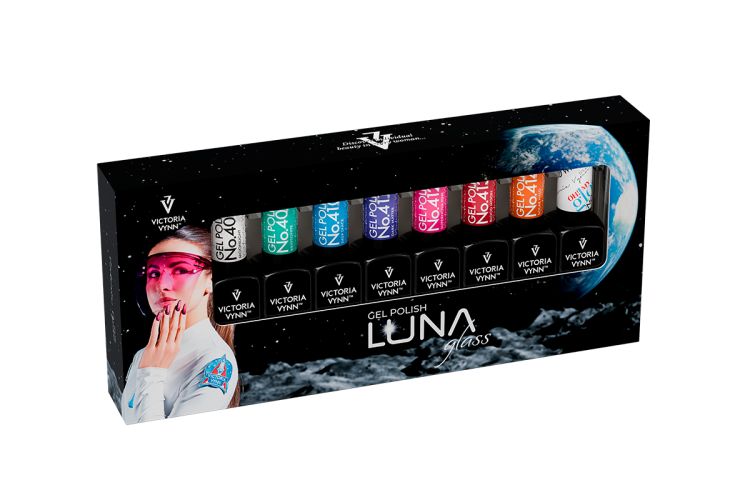 Victoria Vynn zestaw do manicure hybrydowego Luna Glass 8- pak.  gel polish 408-414 + top Oh! My Gloss. Czarne opakowanie z zewnątrz z akcentami kolorowych lakierów LUNA.
