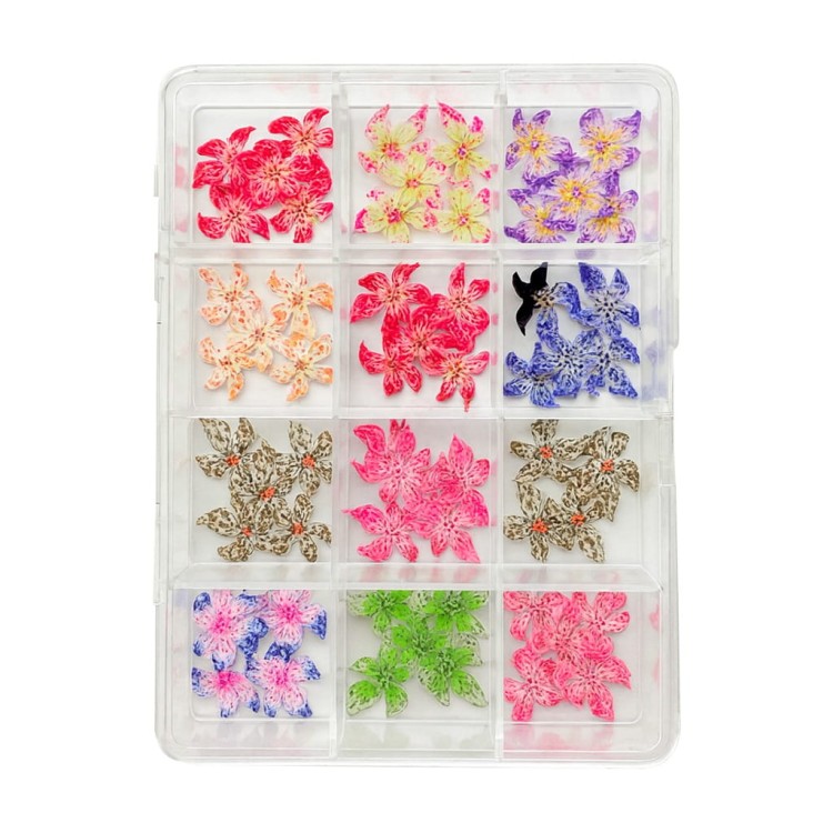 Clavier ozdoby do paznokci akrylowe kwiatki 3D w kasetce nr 85. Różne kolory: czerwone, żółto-różowe, żółto-fioletowe, pomarańczowe, niebieskie, fioletowe, zielone, różowe. Zapakowane w kasetkę z osobnymi okienkami. Białe tło.