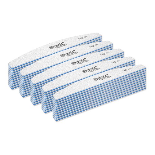 Stylistic pilnik łódka 180/240-50szt. Pilniki szaro- niebieskie. Białe tło.