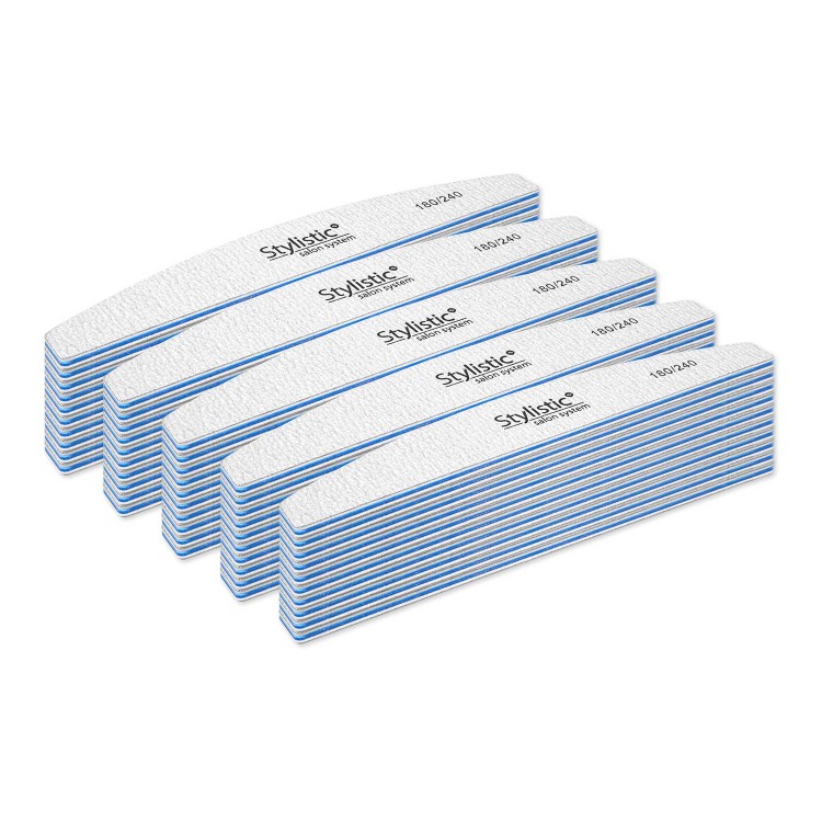 Stylistic pilnik łódka 180/240-50szt. Pilniki szaro- niebieskie. Białe tło.