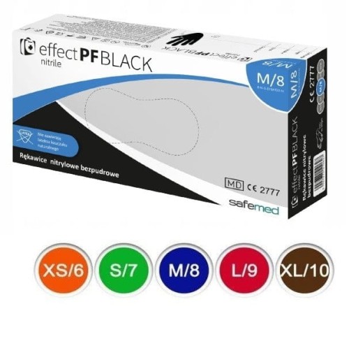 SAFEMED rękawiczki nitrylowe bezpudrowe czarne M (100 sztuk) opakowanie z zewnątrz oraz oznaczenia kolorowe rozmiarów. Białe tło.