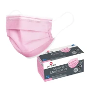 Maseczka chirurgiczna kolor różowy na gumkę Opharm-50 sztuk. Opakowanie czarno- różowe, kartonowe obok.
