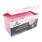 Maseczka chirurgiczna kolor różowy na gumkę Opharm-50-sztuk. Lekko uchylone opakowanie ukazujące maseczki. Białe tło.