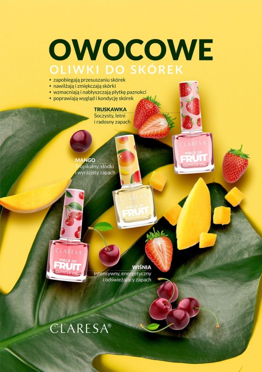Claresa oliwki do skórek owocowe. Truskawka, Mango, Wiśnia.