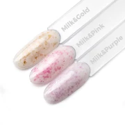 Wzornik Molly Lac bazy kauczukowe flakes rubber base 10 g. Kolory: Milk &amp; Gold, Milk &amp; Pink, Milk &amp; Purple.