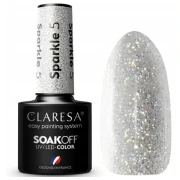 Claresa lakier hybrydowy Sparkle 5 5 g. Szklana buteleczka z pomalowanym wzornikiem obok. Białe tło.