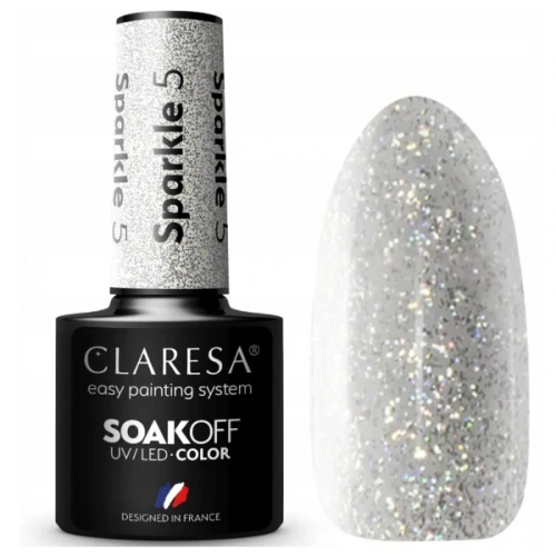 Claresa lakier hybrydowy Sparkle 5 5 g. Szklana buteleczka z pomalowanym wzornikiem obok. Białe tło.