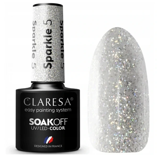 Claresa lakier hybrydowy Sparkle 5 5 g. Szklana buteleczka z pomalowanym wzornikiem obok. Białe tło.