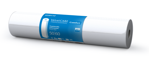 Podkład medyczny biały z etykietą 50mx60cm. Velvet Care professional. Białe tło.