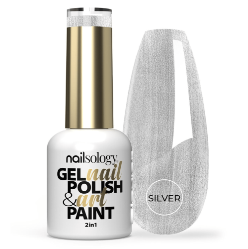 Lakier hybrydowy 2w1 Nailsology gel nail polish art paint Silver Sheen 8ml. Szklana butelka lakieru/artu wraz z pomalowanym wzornikiem. Białe tło.