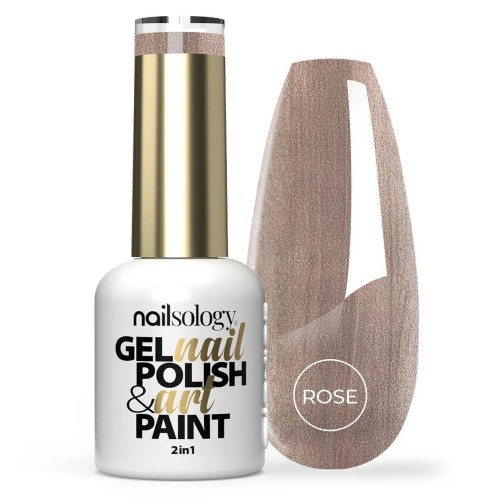Clavier lakier hybrydowy 2w1 Nailsology gel nail polish art paint Rose Glamour 8ml. Szklana butelka lakieru/artu wraz z pomalowanym wzornikiem obok.