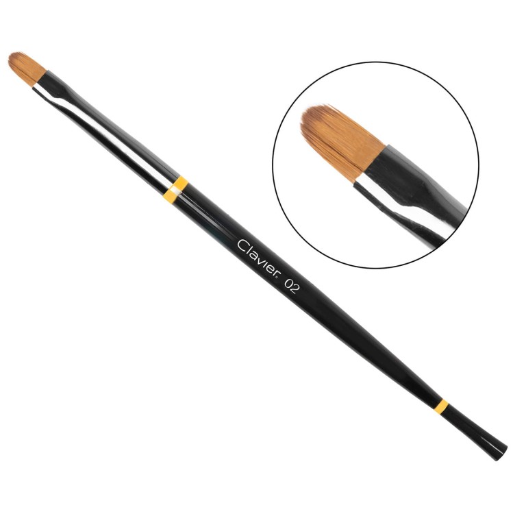 02 czarny pędzelek do żelu z bliska. Biały top. Okrągły. Białe tło.