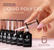 Liquid Poly Gel Victoria Vynn Płynny akrylożel w butelce  15 ml. 6 butelek na zdjęciu. Dłoń z pomalowanymi paznokciami. Akrylożel w butelce kropla w centralnej części zdjęcia.